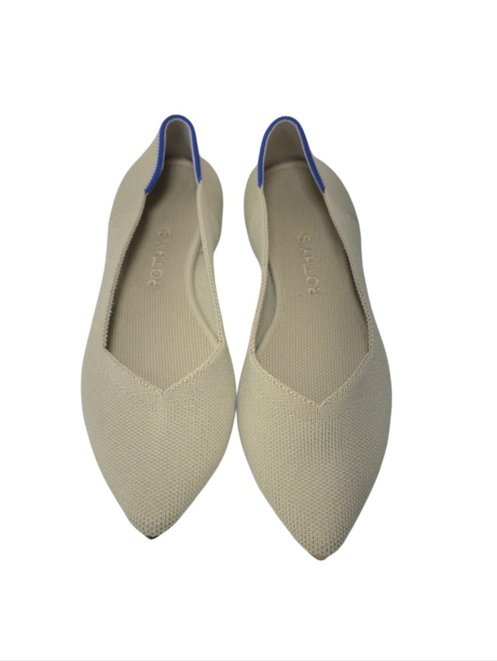 Rothy's Pointed Toe Knit Flat in Beige with Blue Trim